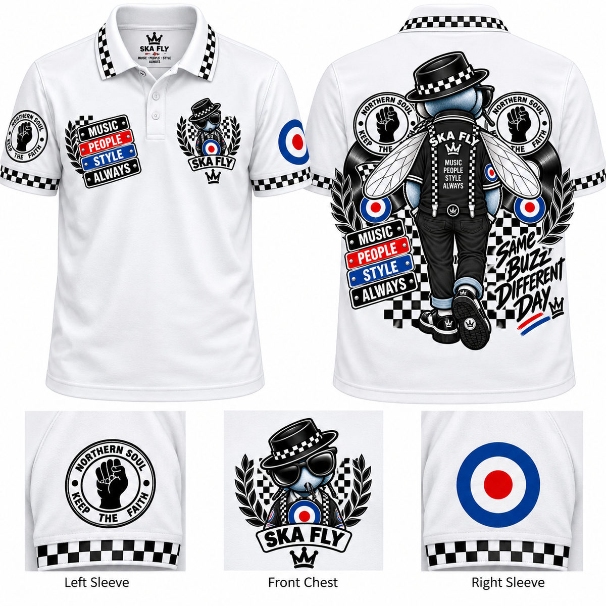Ska Fly Northern Soul polo front back and sleeve details