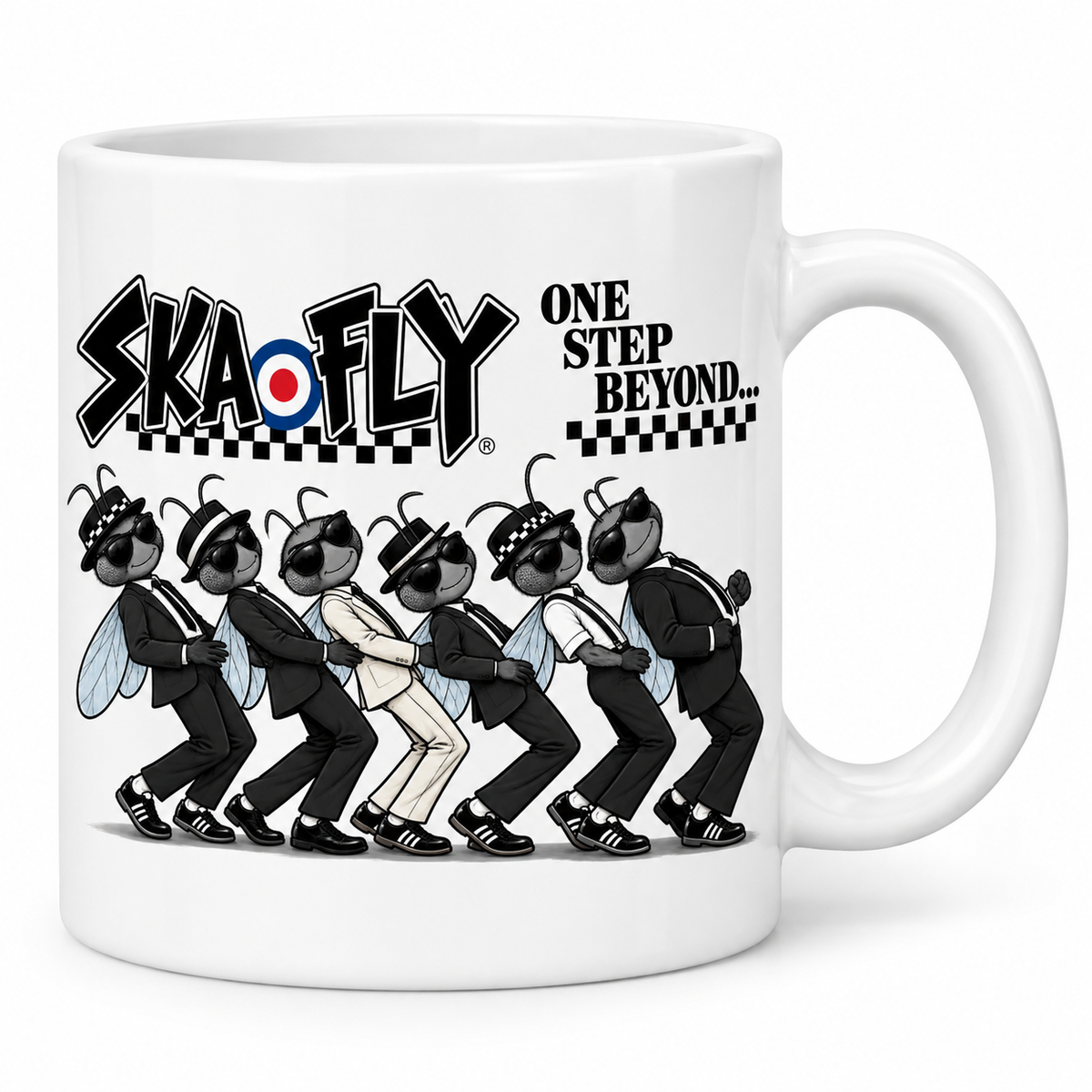 Ska Fly One Step Beyond mug front-facing mockup using supplied artwork